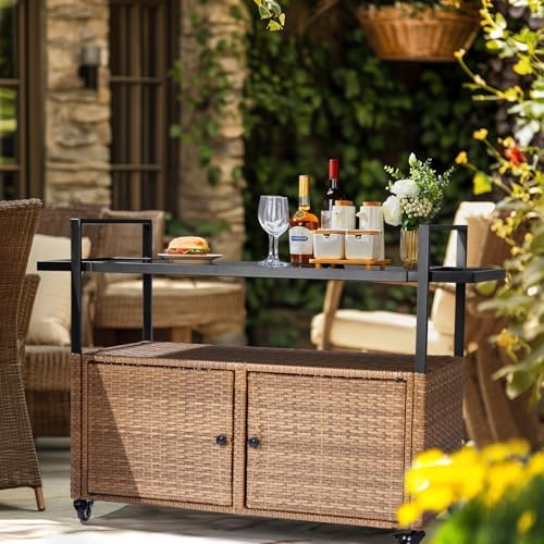 VINGLI Outdoor Storage Cabinet with Wheels, Waterproof Woven Rattan with Double Magnetic Doors, Mobile Multi-Purpose Cabinet for Storage, Buffet Server, Bar Table, Potting Bench (Glass Top) - Image 7