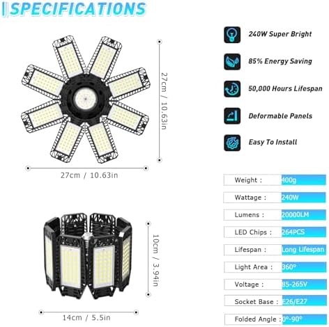 Garage Light 8 Pack - 240W 24000LM 6500K Garage Lights Ceiling LED with 8+1 Deformable Panels, E26/E27 Screw Socket in LED Shop Light for Workshop, Basement, Gym, Barn, Warehouse etc Bay Lighting - Image 4