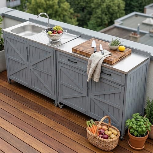39.4" Outdoor Kitchen Island with Drawer and Stainless Top, Grey Blue - Image 5