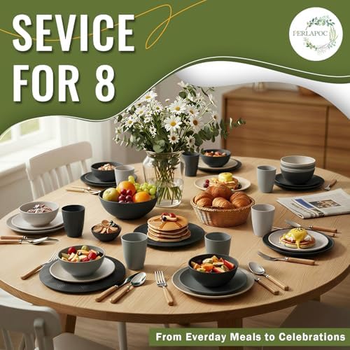 Wheat Straw Dinnerware Sets 40 PCS - Unbreakable Plates and Bowls Sets for 8,Party Kitchen Camping RV Dishwasher & Microwave Safe Modern Lightweight Dishware Sets - Black Grey - Image 7