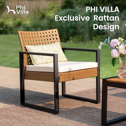 PHI VILLA 4 Piece Brown Wicker Patio Furniture Set with Beige(Round Hole) - Image 5