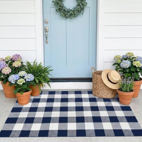 SEEKSEE Buffalo Plaid Outdoor Rug 3' x 5' Navy Blue and White Front Door Mat, Layering Rug for Porch, Washable Doormat, Front Porch Rug for Outdoor Entrance Entryway Patio Porch Decor by SEEKSEE