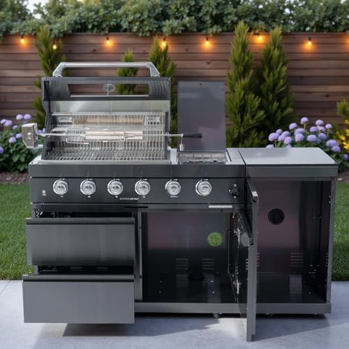 BBQ Island Outdoor Kitchen: 46-Inch 4-Burner 72000 BTU Modular Outdoor Grill Islands + Side Burner + Rotisserie + Granite Countertops for Backyard Family Gatherings Small Business by AlimtoisOutdoorPro