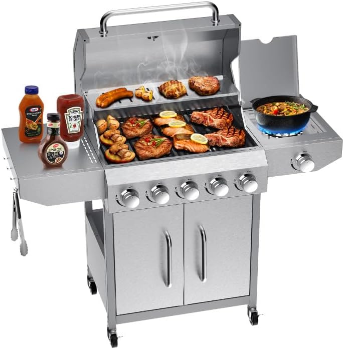 Bestfire 68,000 BTU 5 Burner Propane Gas Grill with Side Burner-Professional-Grade Stainless Steel Outdoor BBQ Grill-647 sq in Cooking Space&Porcelain Cast Iron Grrates-Patio Cart Design for Backyard by GrillsOutdoorCooking
