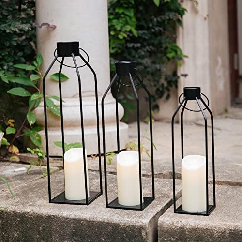 HPC Decor 22'' 19'' 16'' Lanterns Decorative w/Flickering Timer Candles- Tall Large Black Metal Candle Lanterns Set of 3- Modern Farmhouse Decor for Indoor,Outdoor,Tabletop,Porch (No Glass) - Image 3