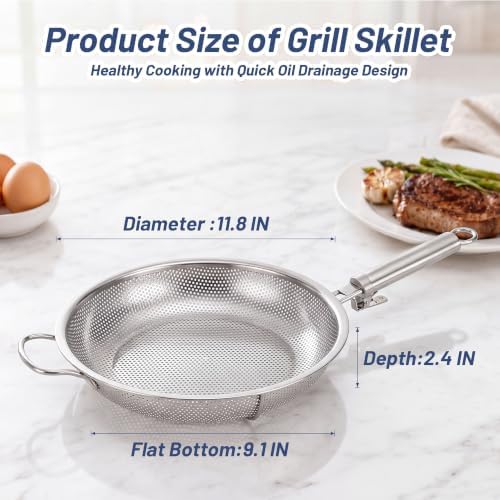Stainless Steel Grill Pan with Removable Handle, 11.81" Round Perforated BBQ Grill Basket for Seafood, Vegetables & Meat, Outdoor Grilling Pan for Charcoal and Gas Grills, Camping & Backyard Cooking - Image 3