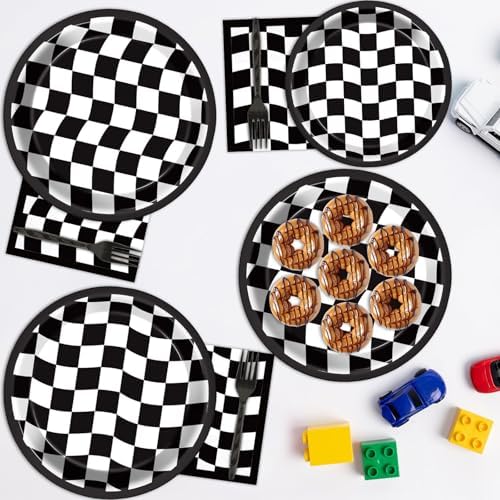 200 PCS Black and White Checkered Party Plates Napkins Race Car Birthday Cake Tableware Set for Checkered Flag Disposable Dessert Plates Forks Decor Serve 50 Guests for Racing Party Favor Supplies - Image 5