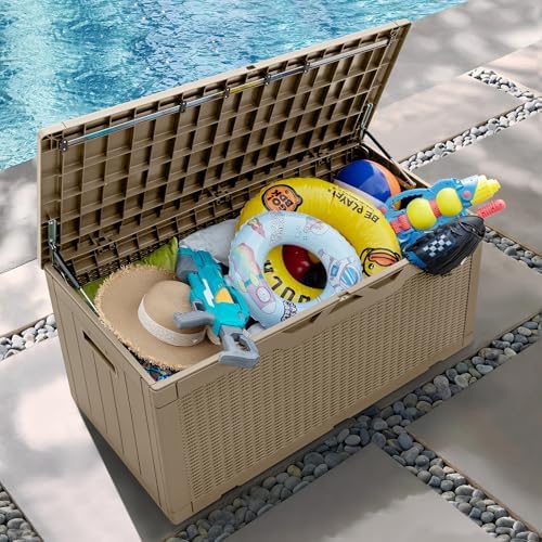 Greesum 100 Gallon Resin Patio Storage Box for Garden Tools, Coffee - Image 6