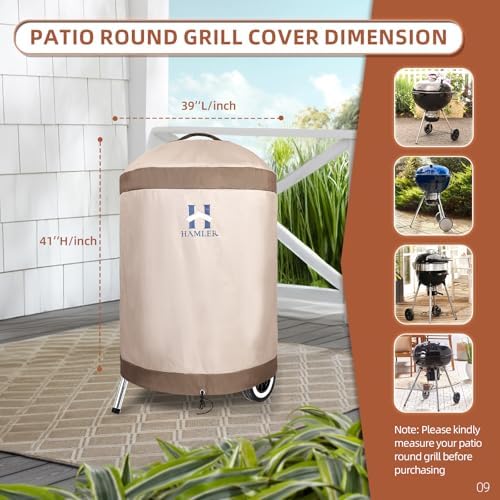 HAMLER Round Barbecue Cover, 39 Inch Small Smoker Cover, Heavy Duty Waterproof Outdoor Grill Cover Fits Weber, Charcoal Kettle, Masterbuilt, Dyna-Glo, Brown & Beige - Image 2