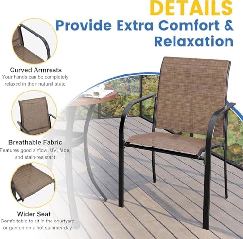 VICLLAX Patio Dining Set for 6, All Weather Metal Outdoor Furniture Set- 47" Round Patio Table and Chairs, Walnut Tabletop and Brown Fabric - Image 2