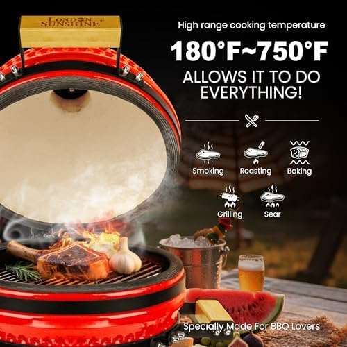 London Sunhine 13-Inch Ceramic Kamado Grill, Waterproof Vent Cap, Red - Image 2