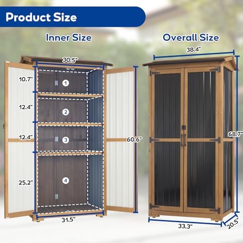 Outdoor Storage Cabinet Weather-Resistant, Wood & Metal Storage Shed with 3 Removable Shelves, Waterproof Roof, Adjustable Feet, Patio Storage Cabinet Outside for Garden Garage Backyard Pool - Image 4
