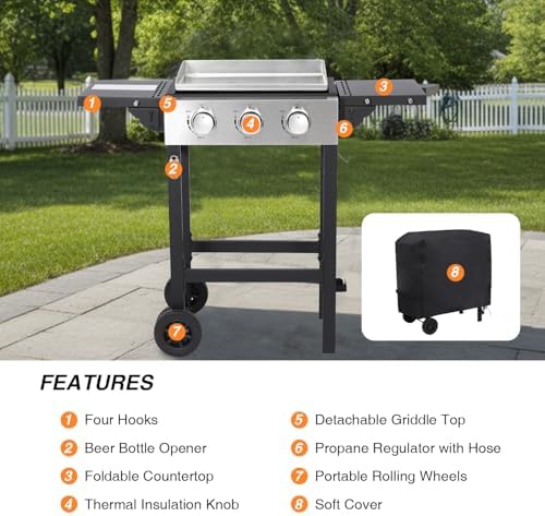 Gas Grill Griddle Combo with 3 Burners - Propane Grill on Cart - Stainless Steel 30,000 BTU -Camping Grill with 2 Foldable Tables, Cover - Outdoor Cooking Station for BBQ Backyard - Image 4