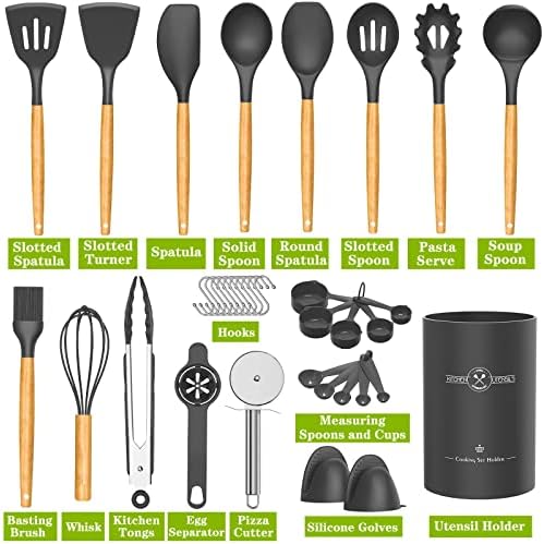 Umite Chef 36pcs Silicone Kitchen Cooking Utensils with Holder, Heat Resistant Cooking Utensils Sets Wooden Handle, Nonstick Kitchen Gadgets Tools Include Spatula Spoons Turner Pizza Cutter(Grey) - Image 2