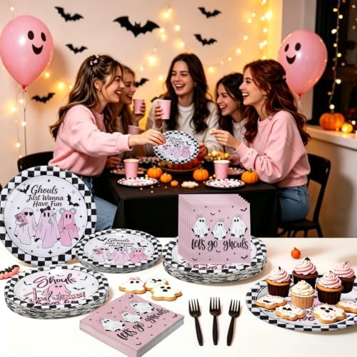 125 Pcs Halloween Girls Night Decorations Tableware Ghouls Night Supplies | Ghouls Just Wanna Have Fun Birthday Party Decor, Pink Ghost Girly Bachelorette Disposable Plates & Napkins for 25 Guests - Image 5