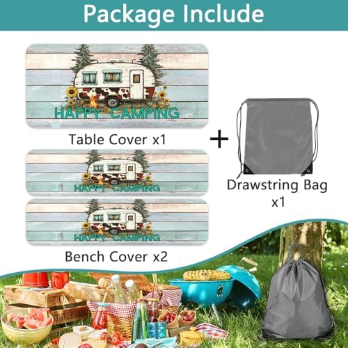 Flowers Picnic Table Cover with Bench Covers and Bag, Camping Essentials, Green Camper Wooden Grain Waterproof, Fitted Tablecloth Cover with Elastic Edge, Outdoor Table Covers, 3 PCS, 30x72 Inch - Image 7