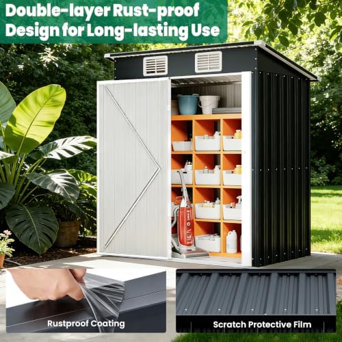 5x3 FT Outdoor Storage Shed, Weatherproof Garden Shed with Lockable Double Doors, Sloped Roof & Ventilation for Backyard, Patio, Poolside - Image 5