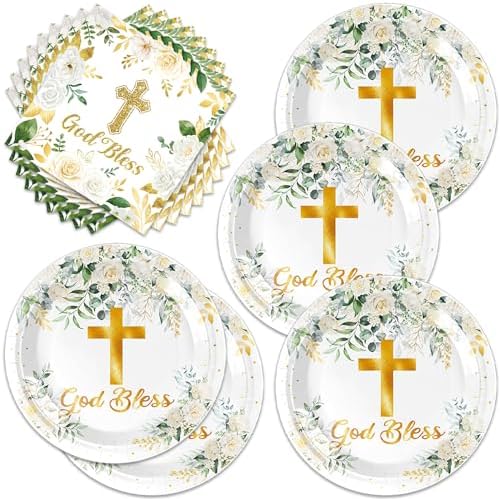 40Pcs God Bless Party Decorations Tableware Supplies 20 Plates and 20 Napkins for God Bless Baptism Party Decoration Serve 20 Guests by Frypeas