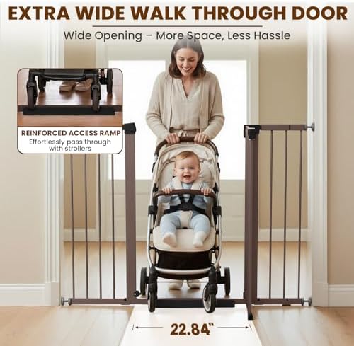 Mumeasy 36" Extra Tall Baby Gate for Stairs, 29.7-51" Wide Dog Gates Indoor for Doorways with Easy Walk Thru, Auto Close Pet Safety Gate for House, Pressure Mounted Metal Child Gate with Door, Brown - Image 3