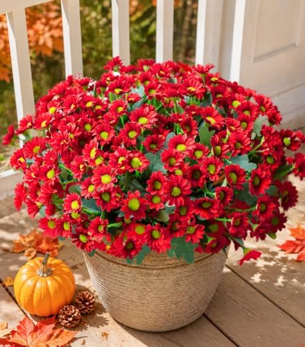 Daisy Artificial Flowers for Outdoors Autumn Fall Decoration, 6 Bundles Fake Mums Red Silk Flowers for Outside Look Real UV Resistant Fake Plants Faux Flowers for Planter Front Door Home Indoor Porch - Image 3