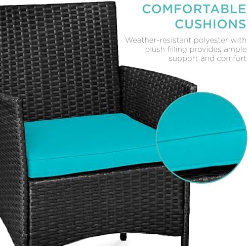 Best Choice Products 3-Piece Outdoor Wicker Conversation Bistro Set, Space Saving Patio Furniture for Garden w/Side Table - Black/Teal - Image 4