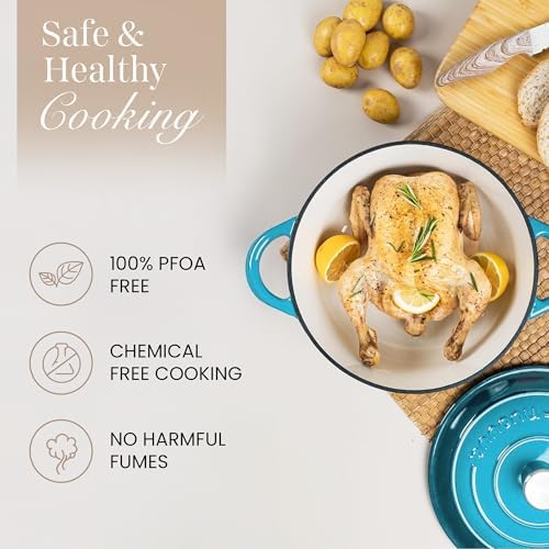 Nuovva Enamelled Cast Iron Dutch Oven Pot with Lid 6.4 Quart Non Stick Casserole Pot-Heavy Duty & Oven Safe up to 500° F for Bread Baking, Braising, Stews, Roasting - 28cm Light Blue - Image 5