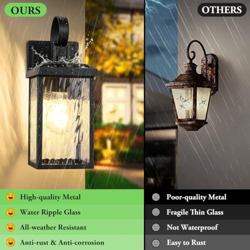 BesLowe 2-Pack Outdoor Wall Light Fixtures with Water Ripple Glass, Black - Image 3