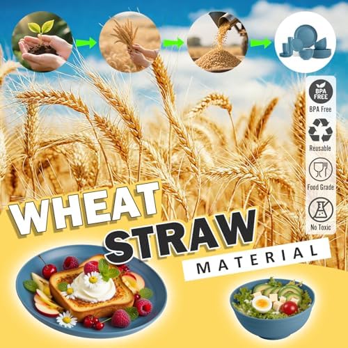 Wheat Straw Dinnerware Sets, 32 PCS Dishes Set for 8, Unbreakable Lightweight Reusable Plates and Bowls Sets for Kitchen Outdoors RV Camping Patio, Dishwasher & Microwave Safe - Blue - Image 5