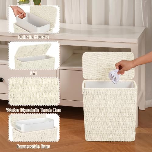 iEGrow Paper Rope Trash Can,Bathroom Trash Can with Lid, 3 Gallon Wicker Waste Basket with Removable Liner, for Bedroom, Living Room, Toilet, Under Sink Creamy White - Image 3