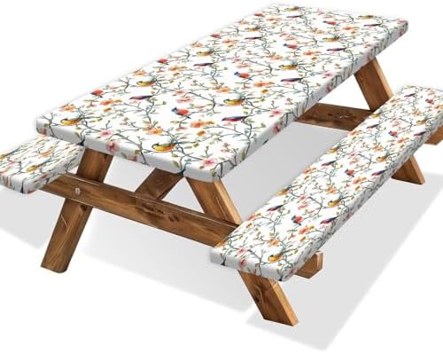 Bird Branch Picnic Table Cover with Bench Covers and Bag, Camping Essentials, Spring Summer Floral Waterproof Windproof, Fitted Tablecloth Cover with Elastic Edge for Outdoor Garden 3 PCS 30x60 Inch by Xguatan