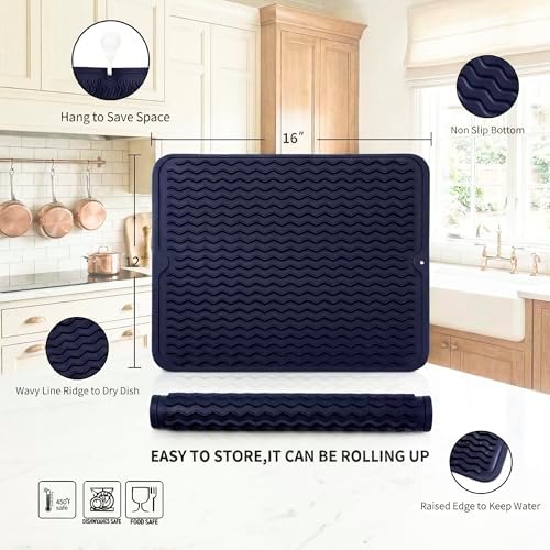 MicoYang Silicone Dish Drying Mat — Quick-Dry Ridges Counter & Sink Pad, Heat-Resistant Trivet to 450°F, Non-Slip & Dishwasher Safe, Roll-Up Storage, 18 Colors & 9 Sizes (Navy Blue, 16"×12") - Image 2