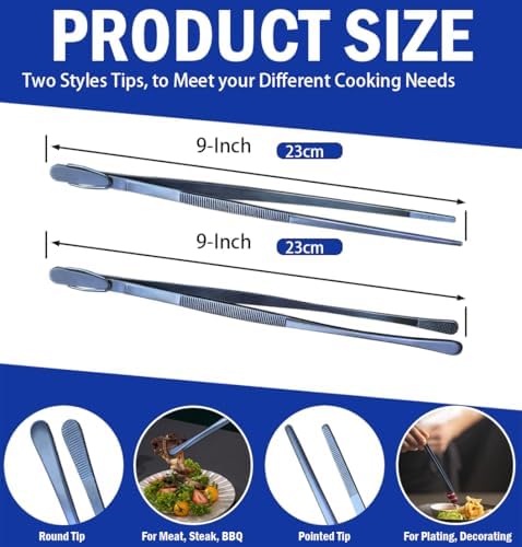 JETKONG 2 Pcs 9-Inch Cooking Tweezer Tongs Stainless Steel Kitchen Tweezers Plating Tongs (Navy Blue) - Image 3