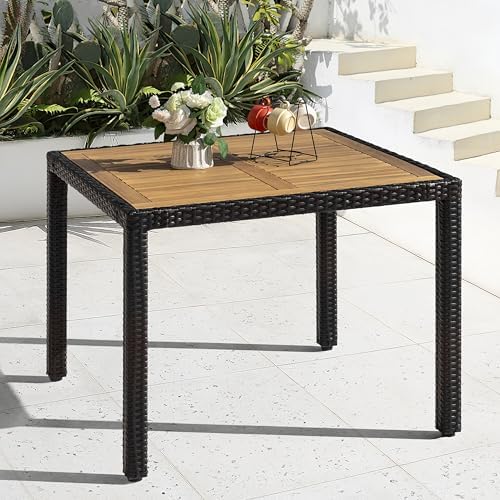 NUU GARDEN 35 Inch Square Outdoor Patio Dining Table for 4, Acacia Wood Tabletop Table with Rattan Wrapped Metal Frame, All Weather Patio Table for Garden Backyard Lawn, Black - Image 6