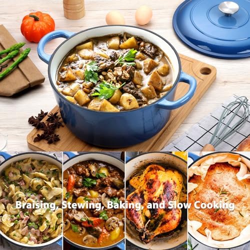 E-far 6 Quart Enameled Cast Iron Dutch Oven with Lid, Round Dutch Oven Pot Nonstick Cookware for Braising, Stews, Roasting, Bread Baking, Cooking, Heavy Duty, Induction & Oven Safe - Blue - Image 5