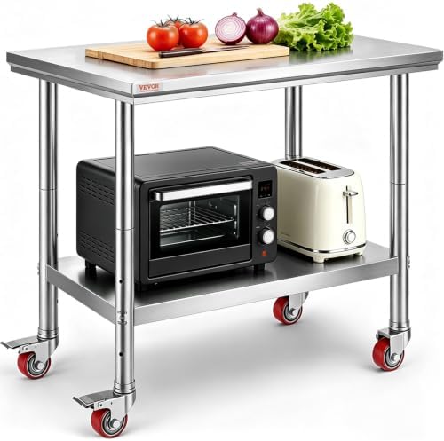 Vevor Mophorn Stainless Steel Work Table 36x24 Inch with 4 Wheels, Casters Heavy Duty Food Prep Worktable for Commercial Kitchen Restaurant, Silver by VEVOR