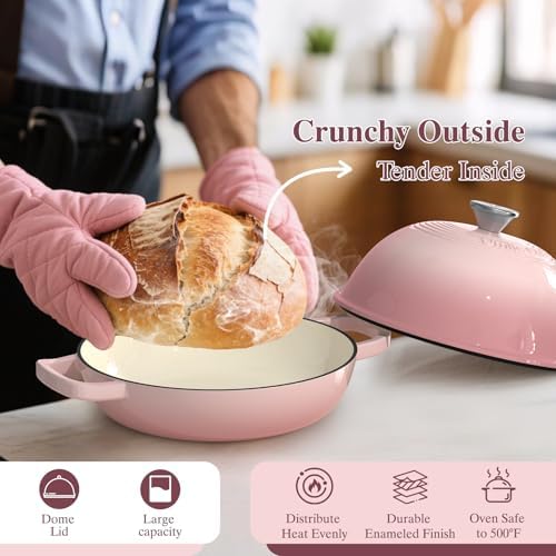 Cast Iron Dutch Oven Pot with Lid, Round Bread Oven for Sourdough Bread Baking, Umite Chef Enameled Cast Iron Bread Oven with Dome Lid & Cotton Potholders for Sourdough, Pink, 6 Quarts - Image 6