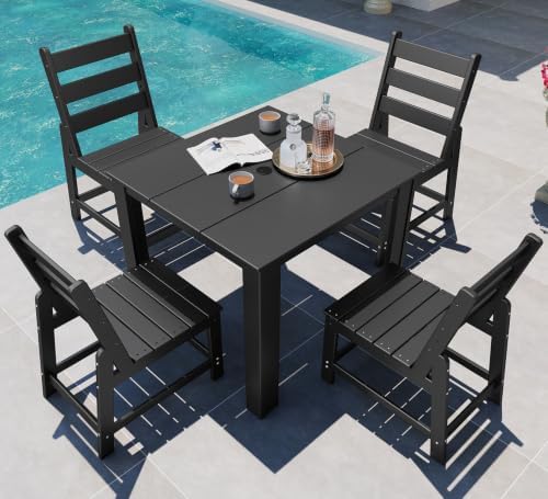 GREENVINES 5PCS Patio Dining Set, HDPE Square Table & 4 Side Chairs, Black by GreenVines