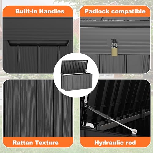 PatioZen 180 Gallon Deck Box,Resin Outdoor Storage Box with Lockable for Patio Furniture, Pool Accessories, Garden Tools Waterproof Outside Storage Box (Black) - Image 2