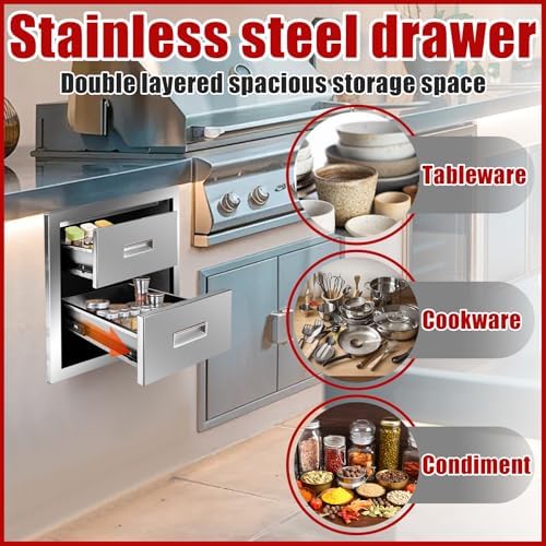 Outdoor Kitchen Double Layer Drawer 14'' W x 14.4'' H x 23'' D Flush Mount BBQ Access Drawers Stainless Steel BBQ Island Drawers with Handle Suitable for Outdoor Kitchen Island Grill Station - Image 5