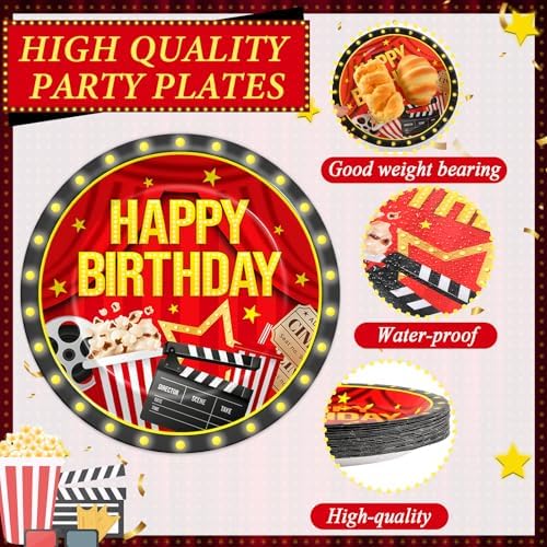 96PCS Movie Theme Birthday Party Paper Plates and Napkins Happy Birthday Disposable Tableware Set for 24 Guests Movie Night Birthday Gatherings Decorations - Image 3