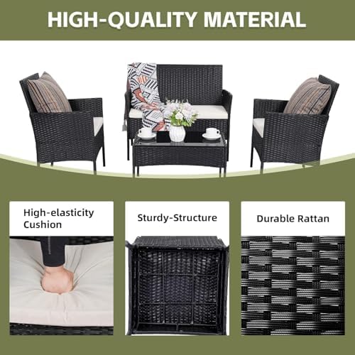 Patio Furniture Set 4 Pieces, Outdoor Rattan Furniture with Tempered Glass Coffee Table, Modern Rattan Patio Chairs Conversation Sets with Sofa for Garden, Terrace, Porch, Lawns - Image 5