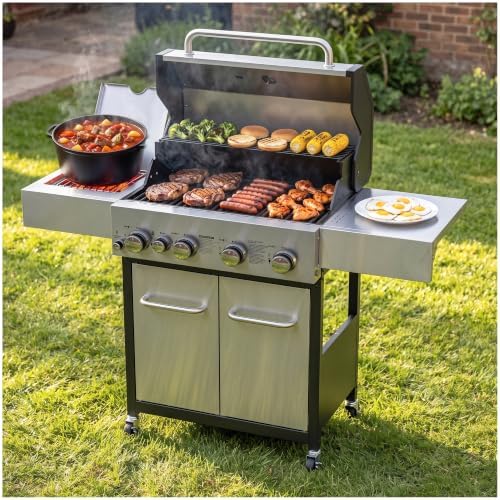 Veralune 4 Burner Gas Grill with Infrared Side Burner, Side Shelves, Wheels by Veralune