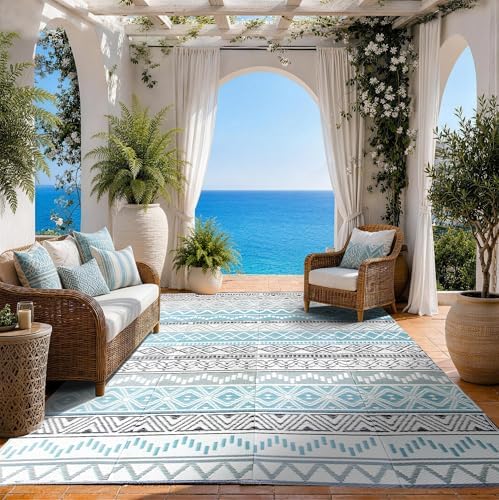 Outdoor Rug 5 x8 ft, Plastic Rug for Patio, Blue & Grey by OutdoorFurnitureCushion