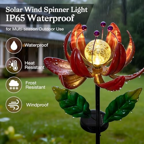 Solar Lights Outdoor Wind Spinners, Metal Lotus Flower Garden Decor with Waterproof LED Crackle Glass Globe for Patio Lawn Yard Outdoor Decor - Image 6