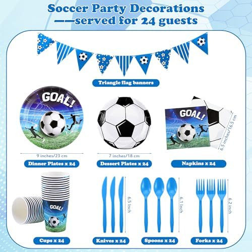 Kochorie 170 Pieces Soccer Birthday Party Decorations Soccer Paper Plates Napkins Cups Cutlery Tablecloth Triangle Flags Banner for Sports Themed Birthday Party Supplies, Serve 24 Guests - Image 2