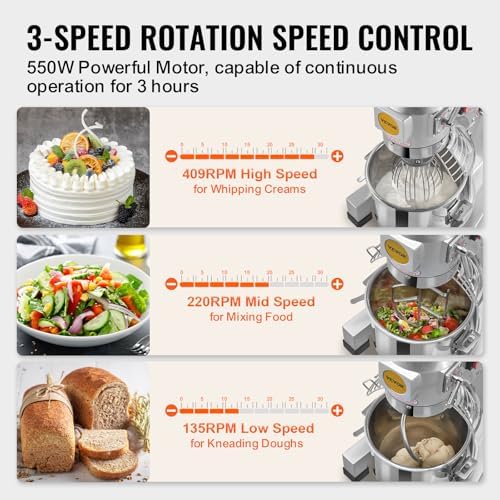 VEVOR Commercial Food Mixer 15Qt, Commercial Mixer with 3 Adjustable Speeds, 550W Dough Mixer,Commercial Stand Mixer with Stainless Steel Bowl - Image 3
