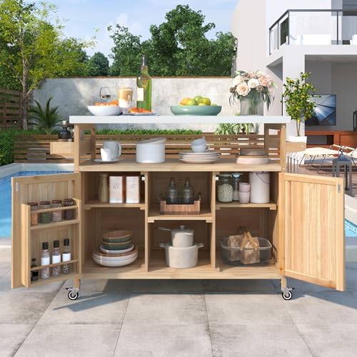 Merax Outdoor Kitchen Island, Rolling Bar Cart & Storage Cabinet, Farmhouse Solid Wood Outdoor Grill Table with Stainless Steel Top, Spice Rack, Towel Rack for Kitchen & BBQ, Natural - Image 3