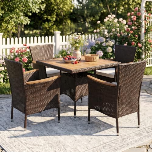 Wisteria Lane Rattan Patio Table and Chairs Set with Acacia Tabletop, Brown by WisteriaLane