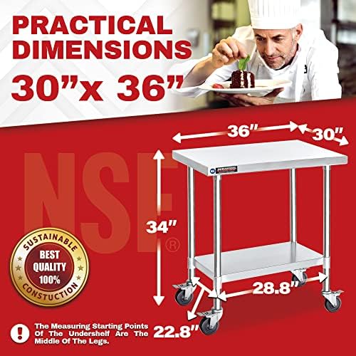 DuraSteel 30x36 NSF Stainless Steel Cart Work Table - Heavy Duty Rolling Food Prep Table Countertop Island - Metal Utility Cart on Wheels Caster, Grill Stand Storage Outdoor Kitchen Tables Bar Top - Image 3