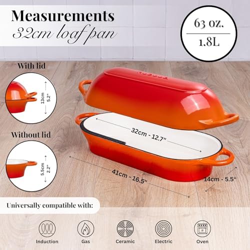 Enamelled Cast Iron Bread Loaf Pot – Dutch Oven For Sourdough Bread Baking – Oven Safe Non Stick Bread Pot – Rectangular, Orange, 34cm x 16cm – by Nuovva - Image 2